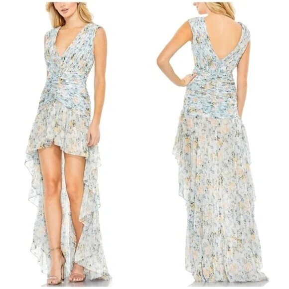 NWT IEENA For MAC DUGGAL Blue Metallic Floral Ruched Sleeveless High Low Dress 6 - Picture 1 of 10